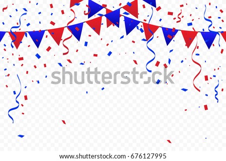 Red And Blue Party Flags With Confetti And Ribbons Falling On Transparent Background. Celebration Event & Birthday. America Concept. Multicolored. Vector