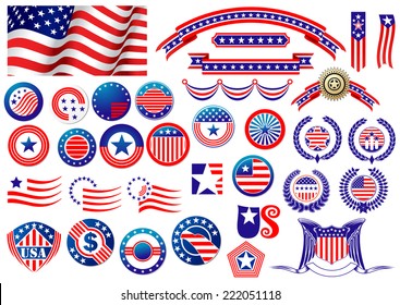 Red and blue patriotic American badges and labels with flag, banners, round labels, shields and wreaths in the colour and pattern of the Stars and Stripes