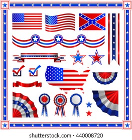 Red and blue patriotic American badges labels with flag, banners, round, shields wreaths in the colour pattern of the Stars stripes elements