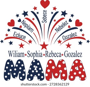 Letras patrióticas azules rojas de la mamá con los corazones de las estrellas de los fuegos artificiales y los nombres de encargo, estilo del Vector en el fondo blanco