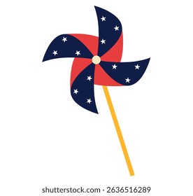 Red and blue patriotic pinwheel with stars on white background. Clipart image isolated on background.