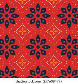 a red and blue pattern with flowers