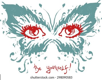 red blue pattern symbol t-shirt the eye on the background of butterfly wings