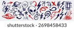 Red and blue pen doodle alien set, hand drawn UFO, lightning bolts, planets, arrows, and sketch symbols on graph paper, chaotic notebook style illustration for collage and grunge design