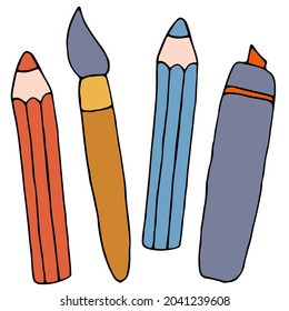 red and blue pencil, paintbrush and orange marker, color vector illustration in doodle style with black outline