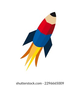 Red and blue pencil in rocket shape. Fast learning, quick teaching concept. Vector template, logo design 