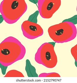 Red and Blue Peony Drawn Vector Seamless Pattern. Blossom Fashion Background. Pink Summer Drawing Template. Poppy Beautiful Wallpaper.