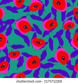 Red and Blue Peony Felt pen Vector Seamless Pattern. Lotus Abstract Illustration. Pink Decorative Drawn Background. Poppy Floral Wallpaper.