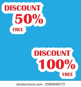 Red and blue percent sign discount numbers isolated on white background, from 50% free and 100% free.