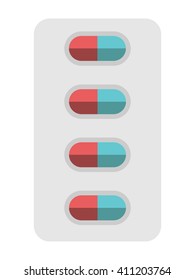 Red and blue pills blister package isolated on white. Flat style. Health, medication, medicine, illness, pharmacy and cure concept. EPS 8 vector illustration, no transparency