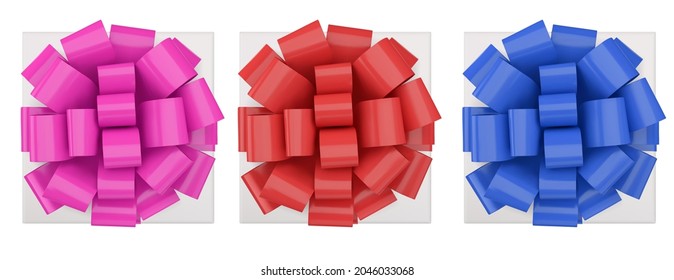  Red, blue and pink bow made of glossy ribbon. Gift box, top view. Realistic isolated illustration. Vector EPS 10