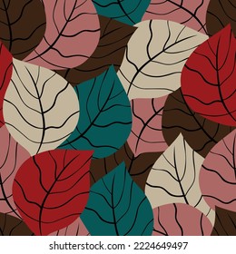 red blue pink and cream seamless vector leaf pattern on background