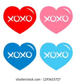 Red, blue, pink heart icon set. Xoxo phrase sketch saying. Hugs and kisses. Happy Valentines day sign symbol. Cute graphic object. Love greeting card. Flat design. Isolated. White background. Vector
