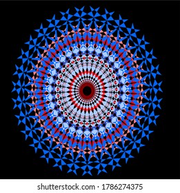 red blue pink mandala flower with eighty eight petals and nine matching circles