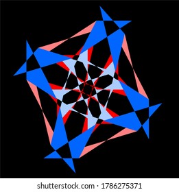red blue pink mandala flower with seventy seven petals and nine matching circles
