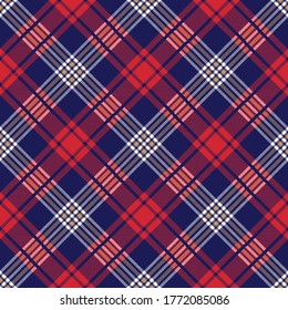 Red and blue plaid pattern. Diagonal textile design for pillows, shirts, dresses, tablecloth etc.