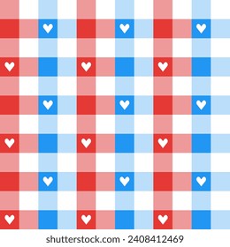 Red and blue plaid pattern with heart background. plaid pattern background. plaid background. Seamless pattern. for backdrop, decoration, gift wrapping, gingham tablecloth, blanket, tartan.