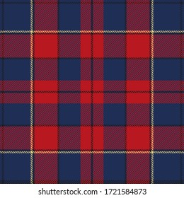 Red and blue plaid seamless pattern with black and yellow stripes. Vector background