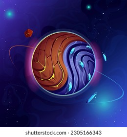 Red blue planet, fire and ice. Half of the planet is made of stone and magma, the other half is made of water, ice and crystals. Asteroids, space, galaxy, nebula. Sci-fi cartoon. Vector illustration.