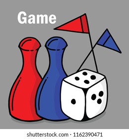 Red and blue play figure pieces with a white dice for board games. Vector illustration