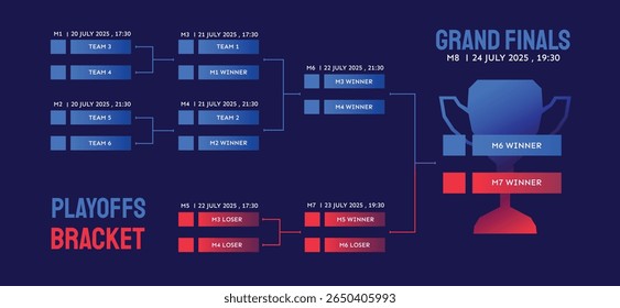 red and blue playoffs bracket on a dark blue background, for tournament esport, and sport