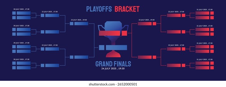 suporte de playoffs vermelho e azul em um fundo azul escuro, para torneio de e-sport e competição esportiva