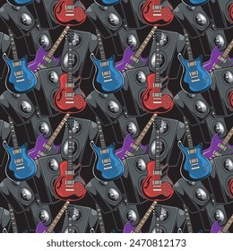 rojo azul púrpura negro blanco guitarras eléctricas y audio sin patrón de música de fondo Ilustración vectorial