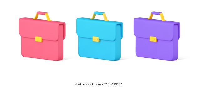 Red, blue and purple business bag portfolio collection isometric template 3d icon vector illustration. Set multicolored suitcase logotype symbol of wardrobe, business trip or baggage isolated