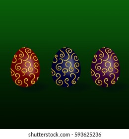 red blue and purple Easter egg with a gold pattern on a green background