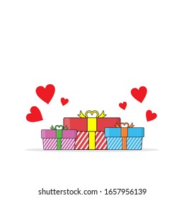 Red, blue, and purple gift vector icon with red heart and love on isolated white background. Illustration vector graphic of gift with strip motif and ribbon