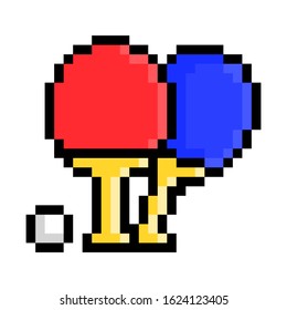 Red and blue rackets and a ball, pixel art table tennis icon isolated on white background. 8 bit ping-pong logo. Sport equipment emblem. Old school vintage retro slot machine/video game graphics.