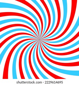 Red and blue radial twisted stipes, vortex effect, pinwheel pattern. Circus, carnival or festival background. Bubble gum, sweet lollipop candy, ice cream texture. Vector flat illustration