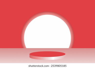 red blue realistic 3d background with cylinder podium. Black, red, white glowing light semi circles layers scene. Abstract minimal scene mockup products display, Stage showcase. Vector geometric forms
