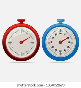Red and blue realistic timers 10 seconds on gray background . Stopwatch icon set. Timer icon. Time check. Ten seconds. Seconds timer, seconds counter. Timing device.  Four options. EPS 10 vector.