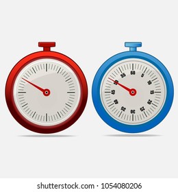 Red and blue realistic timers 50 seconds on gray background . Stopwatch icon set. Timer icon. Time check. Fifty seconds. Seconds timer, seconds counter. Timing device.  Four options. EPS 10 vector.