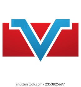 Letra roja y azul rectangular con forma de icono V sobre fondo blanco