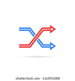 red and blue repeat icon like shuffle. concept of mix or blend songs in music playlist or randomize. flat linear style trend modern logotype graphic art design element isolated on white background