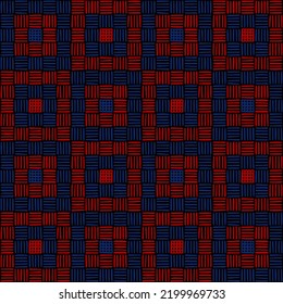 red and blue repetitive background. hand drawn striped squares. vector seamless pattern. geometric carpet. fabric swatch. wrapping paper. continuous design template for textile, linen, home decor