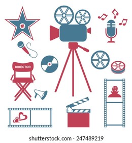 Red and blue retro movie and music icons svg