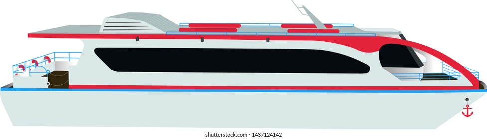 Red and blue river bus transportation, vector boat side view