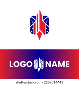 red and blue rocket and stars logo design