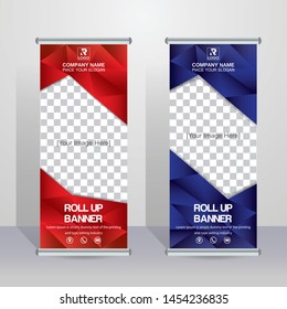 Red & Blue Roll up brochure flyer banner design template vector, abstract triangle pattern background, modern x-banner, rectangle size.