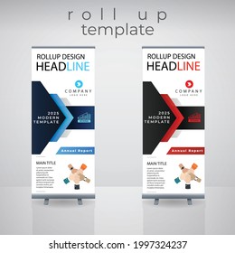 Red and Blue roll up business banner design vertical template vector, advertising presentation abstract geometric background, modern publication display and flag-banner, layout in rectangle size