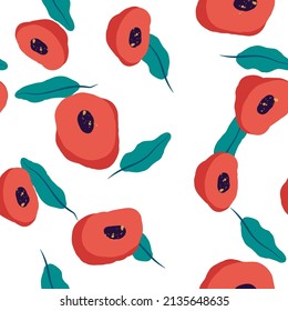 Red and Blue Rose Drawn Vector Seamless Pattern. Peony Spring Template. Pink Floral Felt pen Illustration. Blossom Wedding Wallpaper.