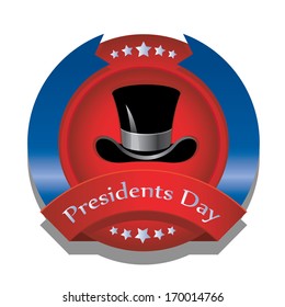 a red and blue round icon with a hat inside it for presidents day
