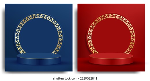 Red and blue round stage podium for Chinese New Year online sales promotion in paper cut style