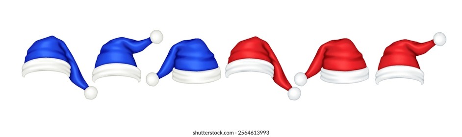 Red and blue Santa Claus hats realistic color icons set. Essence of Christmas celebration and holiday spirit 3d objects bundle on white