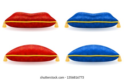 red blue satin pillow with gold rope and tassels vector illustration isolated on white background