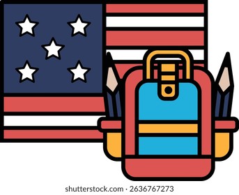 A red and blue school bag is placed next to a red, white and blue American flag. The bag is filled with pencils and pens, suggesting that it is a school bag. Concept of education and patriotism
