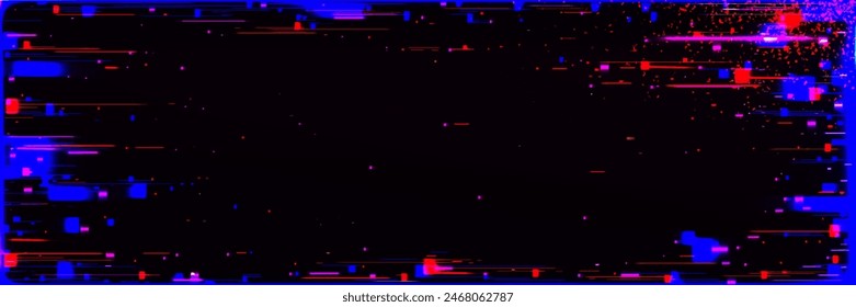 Red and blue screen frame bg. Noise vhs tv effect background. Digital static pixel error signal. Futuristic abstract rewind video hologram with scratch and chaos destruction. Old cyber broken tape